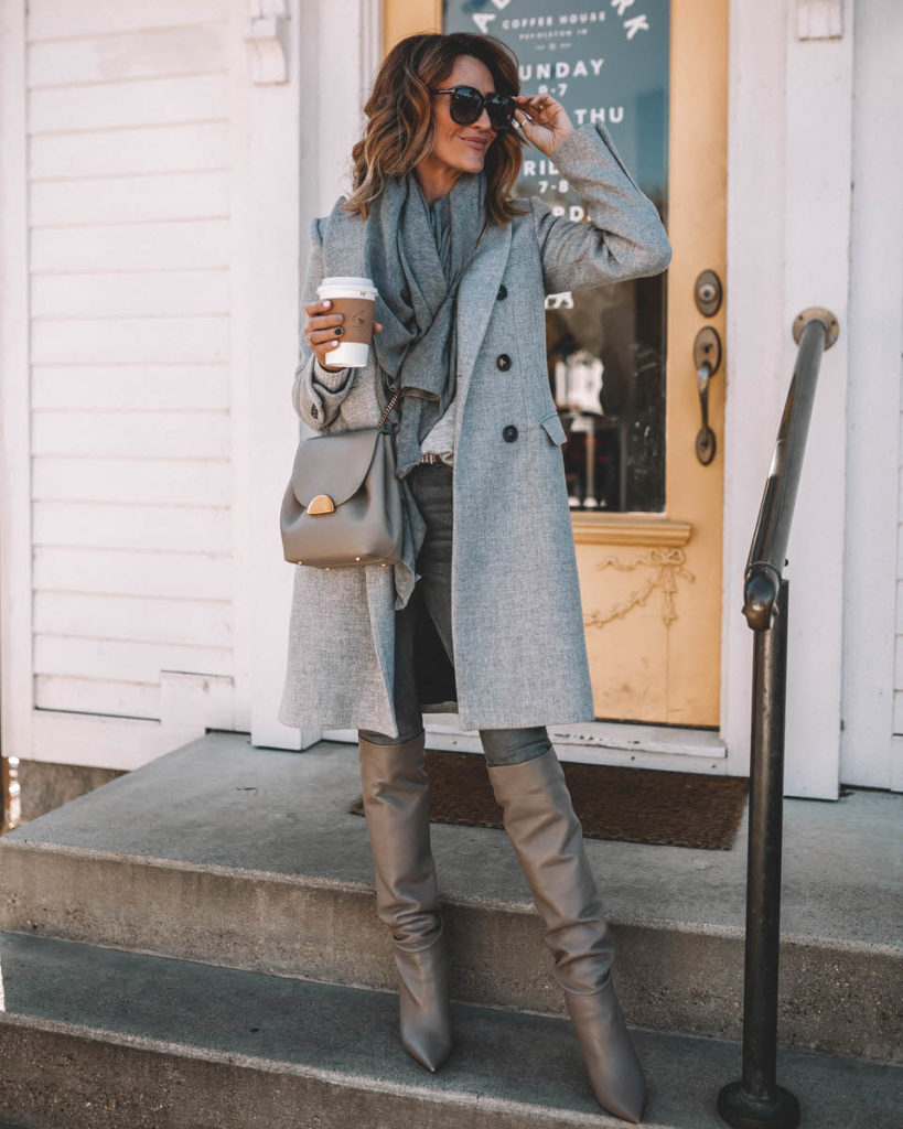 Karina Style Diaries wearing Tamara Mellon Icon knee high boot in grey monochromatic outfit