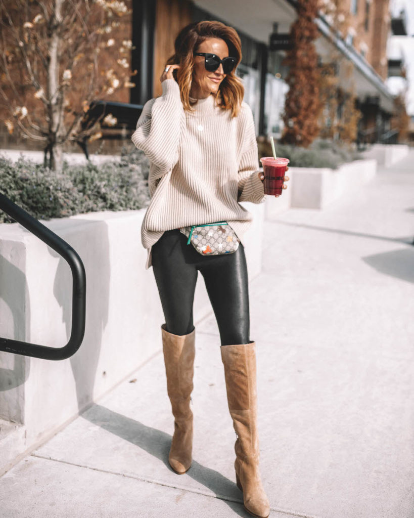 Karina Style Diaries wearing topshop oversized sweater spanx legging tall suede boots Gucci belt bag fall outfit