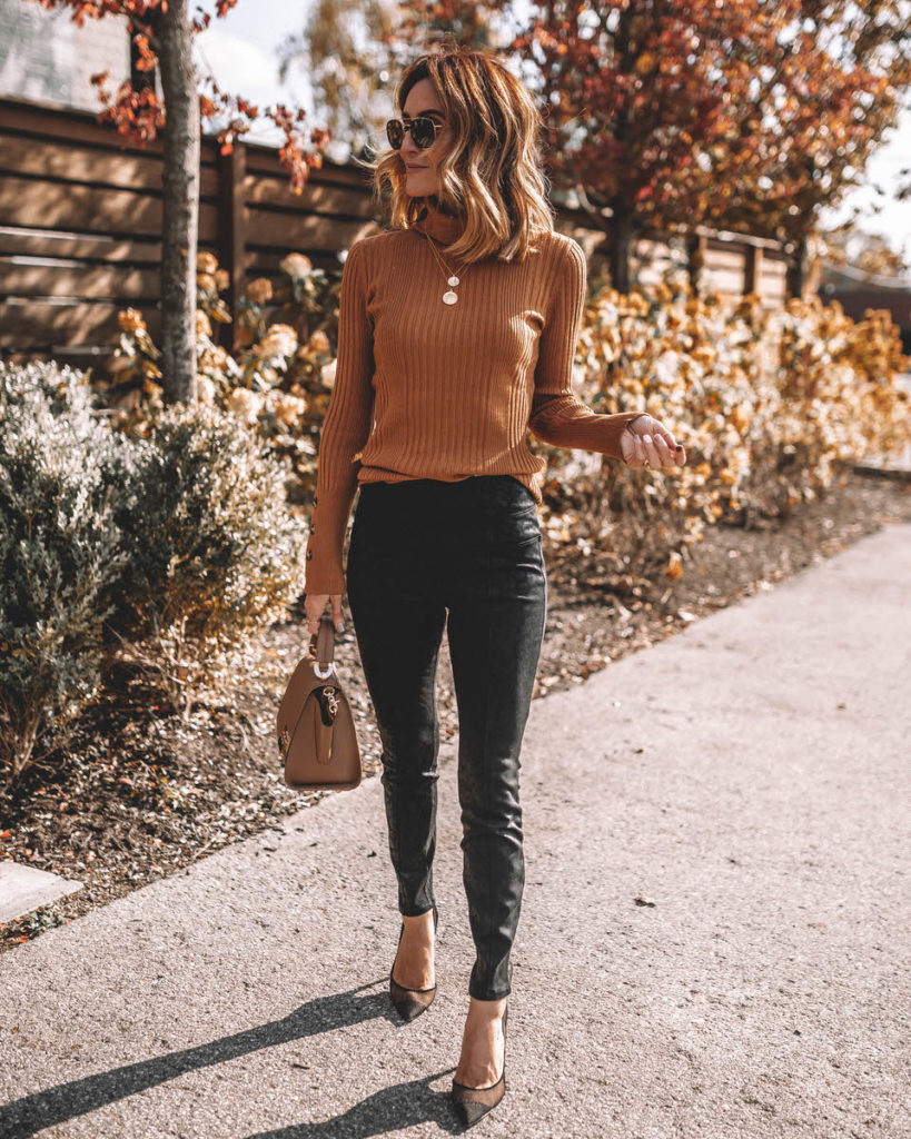 Style Blogger Karina Reske wearing leo print black pants tan turtleneck sweater work holiday outfit