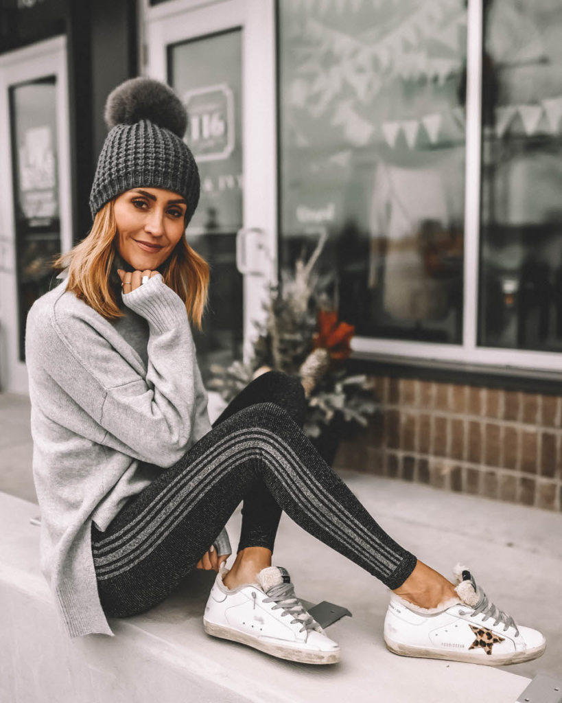 Karina Style Diaries wearing sparkly black and silver leggings grey sweater pompom beanie  cozy style