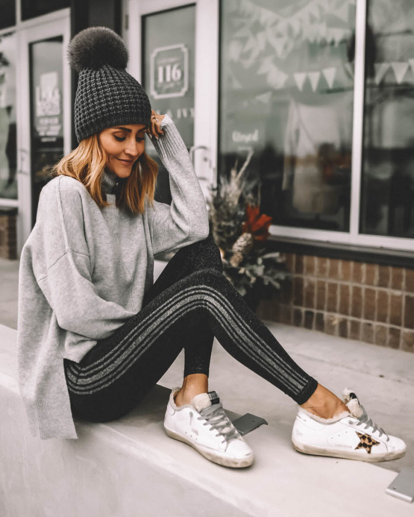 Karina Style Diaries wearing sparkly black and silver leggings grey sweater pompom beanie Cozy outfit
