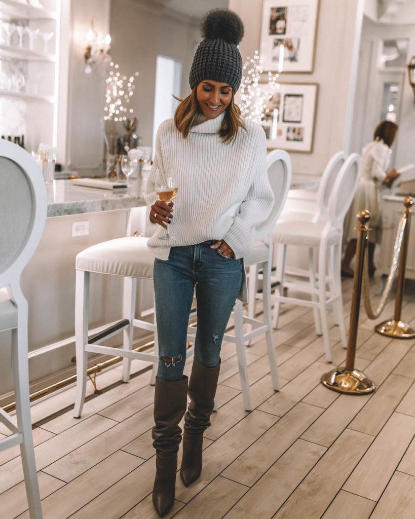 White rib knit long sweater skinny jeans Grey slouchy Boots winter style