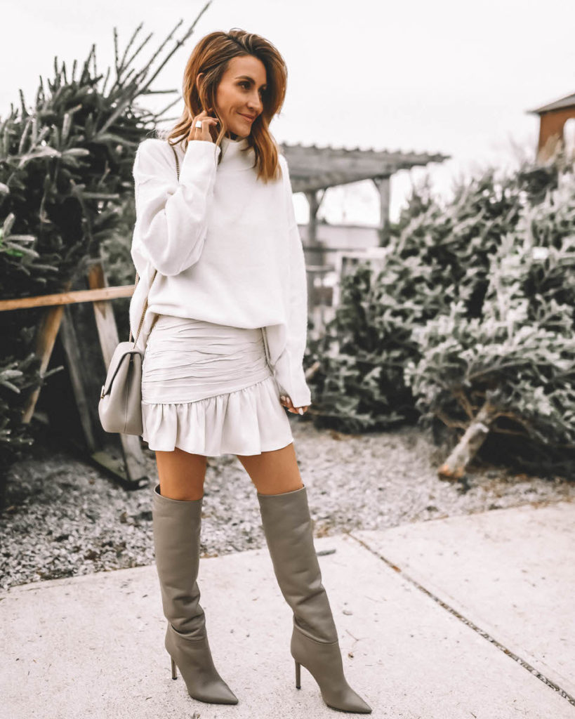 white sweater white mini skirt tall slouchy grey boots Holiday Style