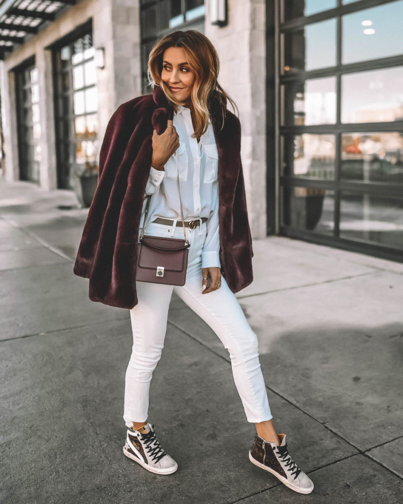 Karina Style Diaries wearing all white look with burgundy accents