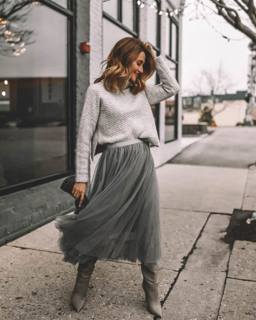 Karina Style Diaries all grey outfit tulle maxi grey skirt turtleneck pompom hat