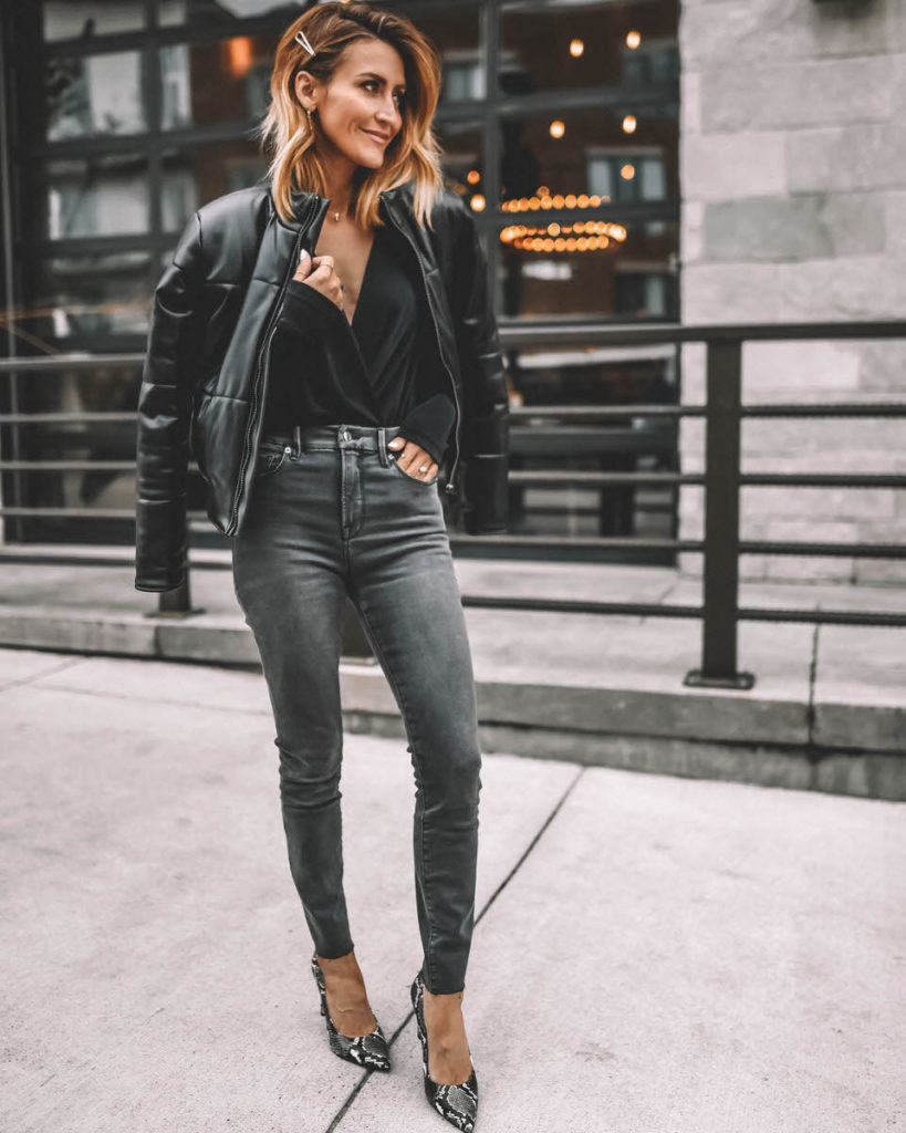 Karina Style Diaries wearing all black puffer leather coat