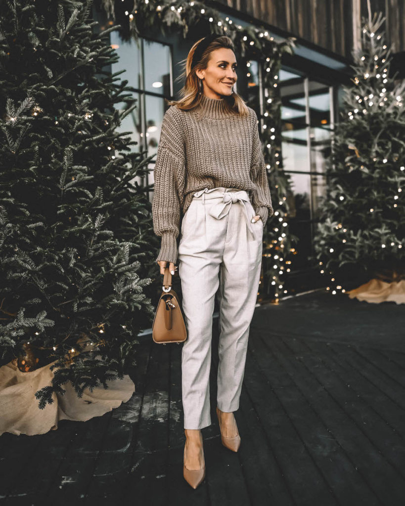 Mauve monochromatic outfit paperbag waist pant oversized sweater nude pumps