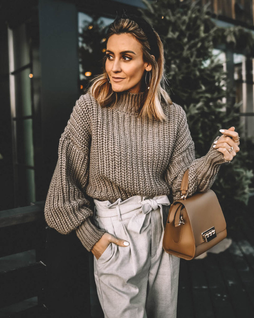 Mauve monochromatic outfit paperbag waist pant oversized sweater