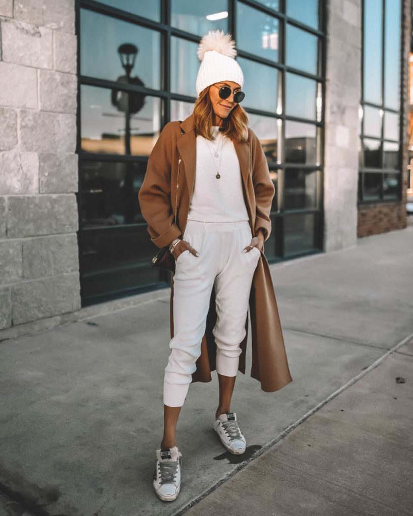 Karina Style Diaries wearing all white and camel outfit winter style