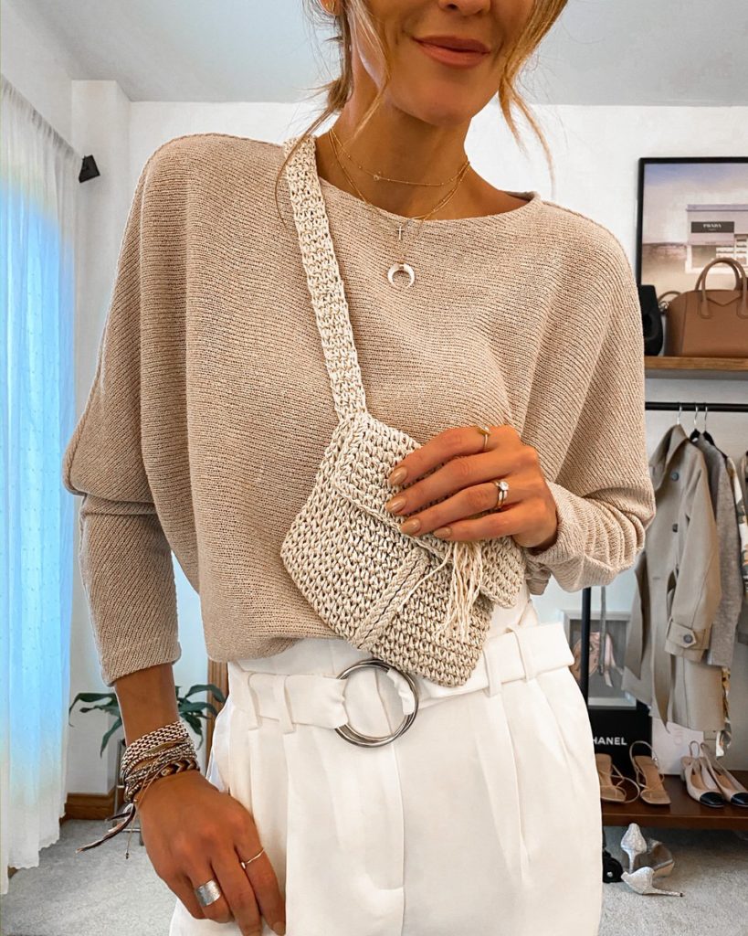 Karina Style Diaries wearing high waist tousers dolman sleeve sweater straw belt bag casual style