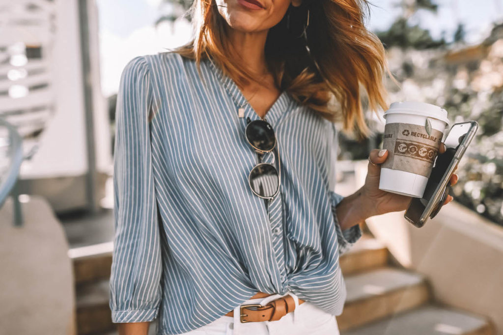 Stripped button down front knot shirt white denim all under $30