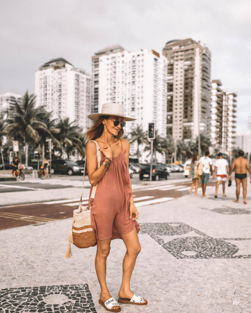 Karina Reske in Rio wearing slipcover dress and chloe slides