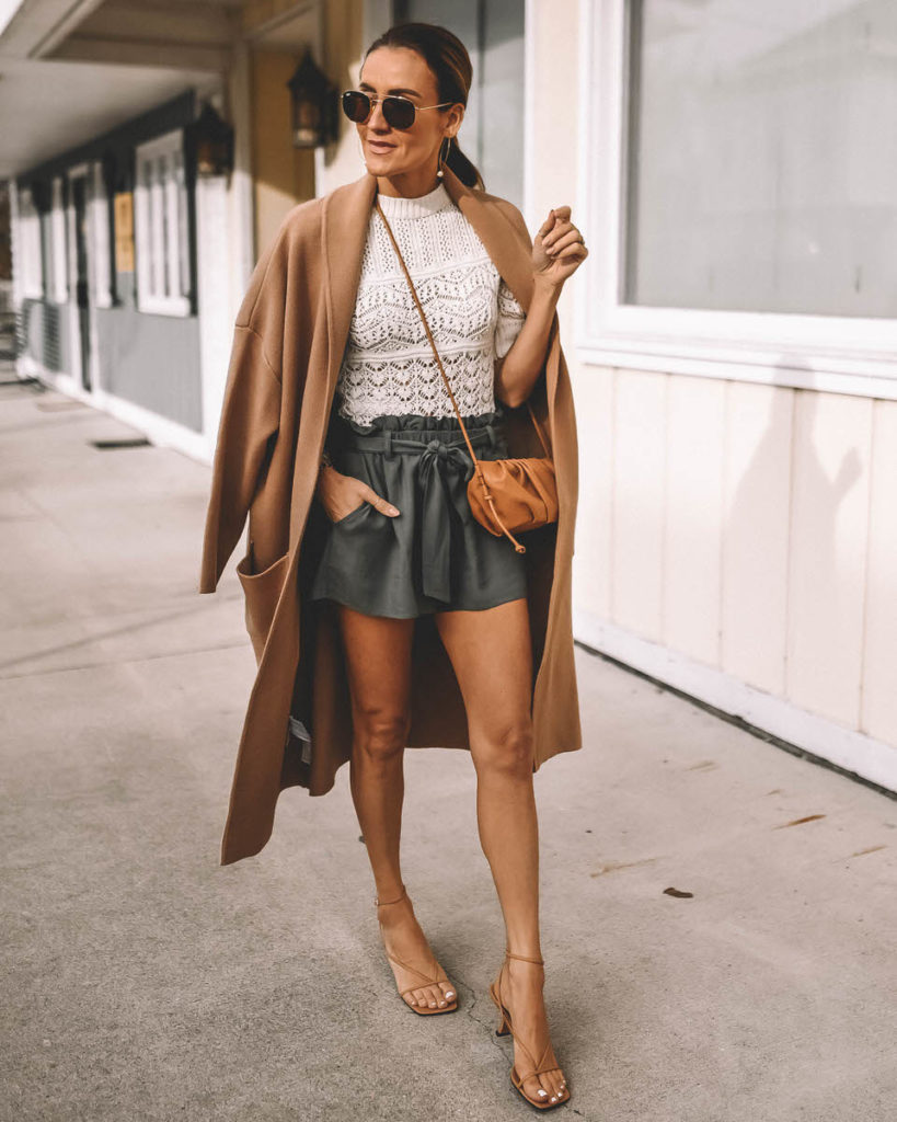 Paperbag waist shorts crochet top camel cardi coat strappy sandals spring style