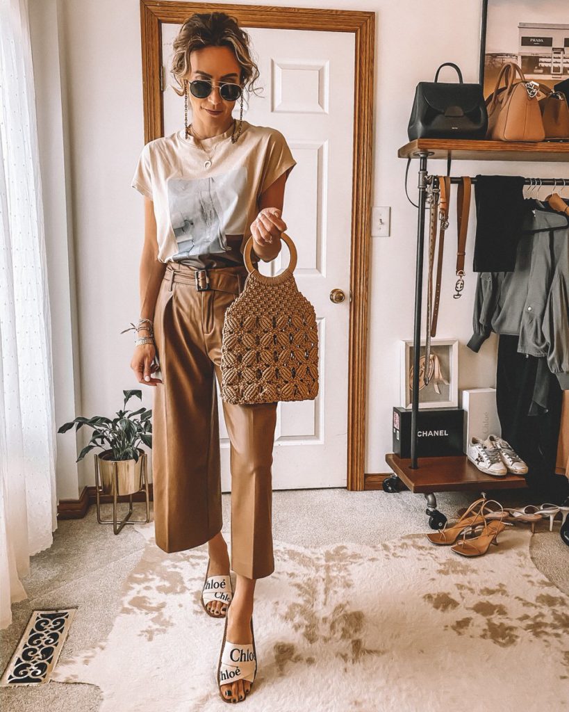 Karina Style Diaries wearing graphi tee camel culottes chloe slides crochet bag ray ban aviators sunglasses chain