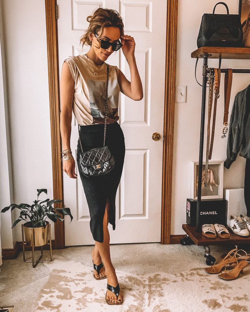 graphic tee knit black skirt black croco square tip flat shoes chanel bubble bag celine style sunglasses