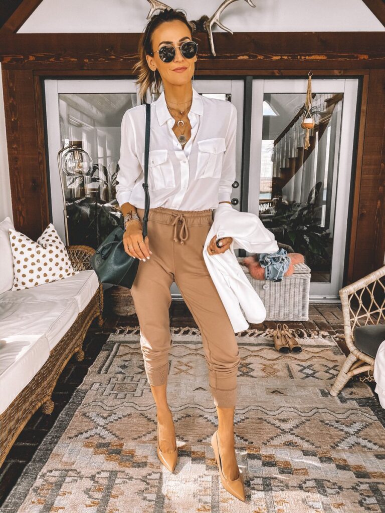 Karina Style Diaries wearing knit joggers silk shirt nude pumps cozy home office outfit