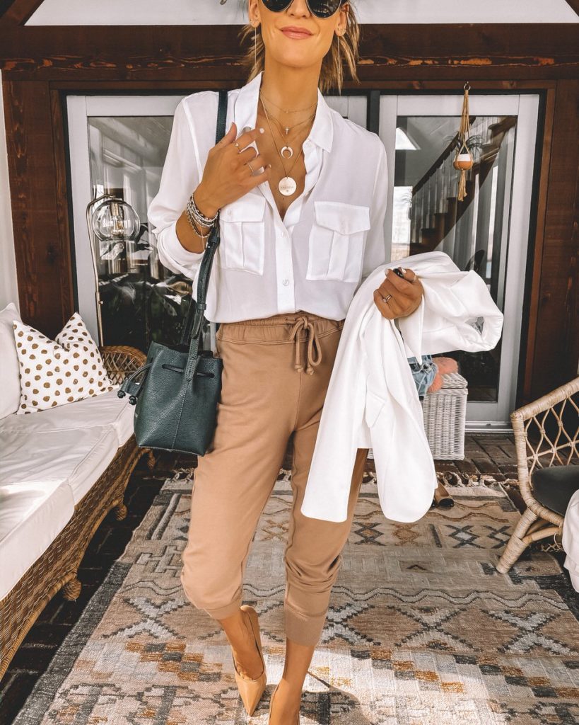 Karina Style Diaries wearing knit joggers silk shirt nude pumps cozy home office outfit