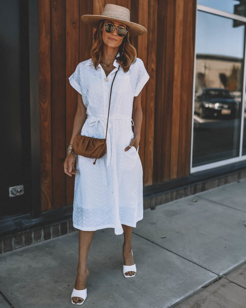 White eyelet dress cap sleeve midi length straw hat spring outfit