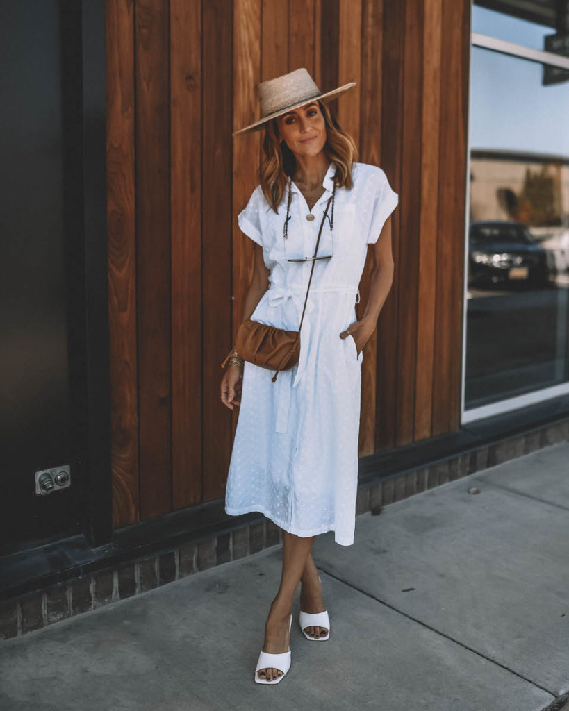 White eyelet dress cap sleeve midi length straw hat spring outfit