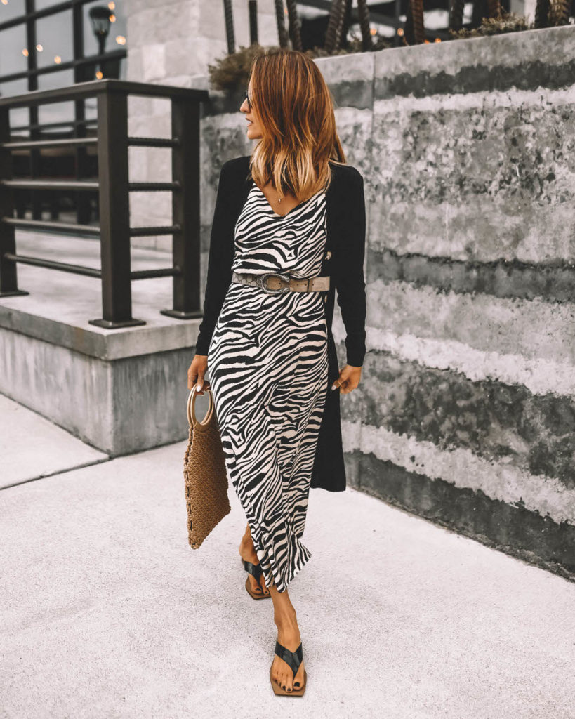 Karina Style Diaries wearing Zebra print maxi dress long cardi black slides