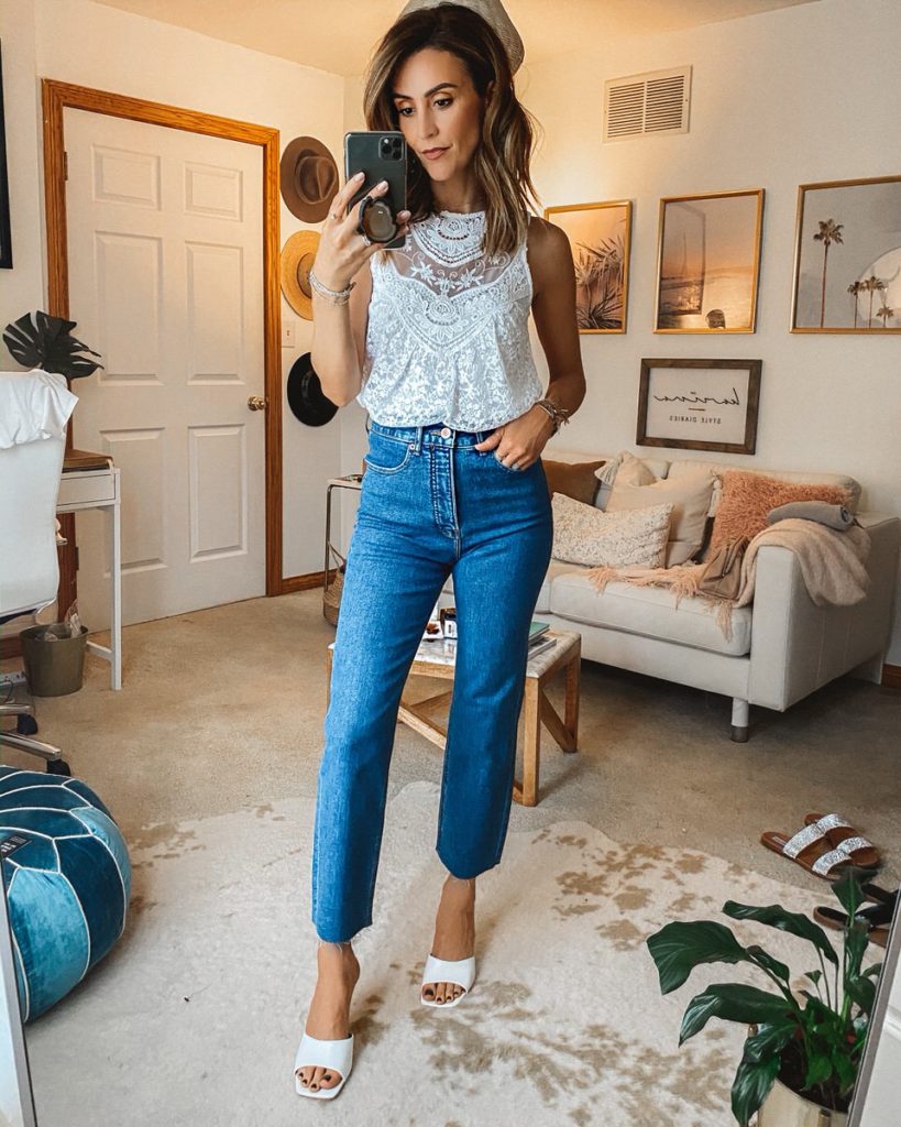 Karina Style Diaries wearing Straight leg jeans lace top white square toe heels spring style 