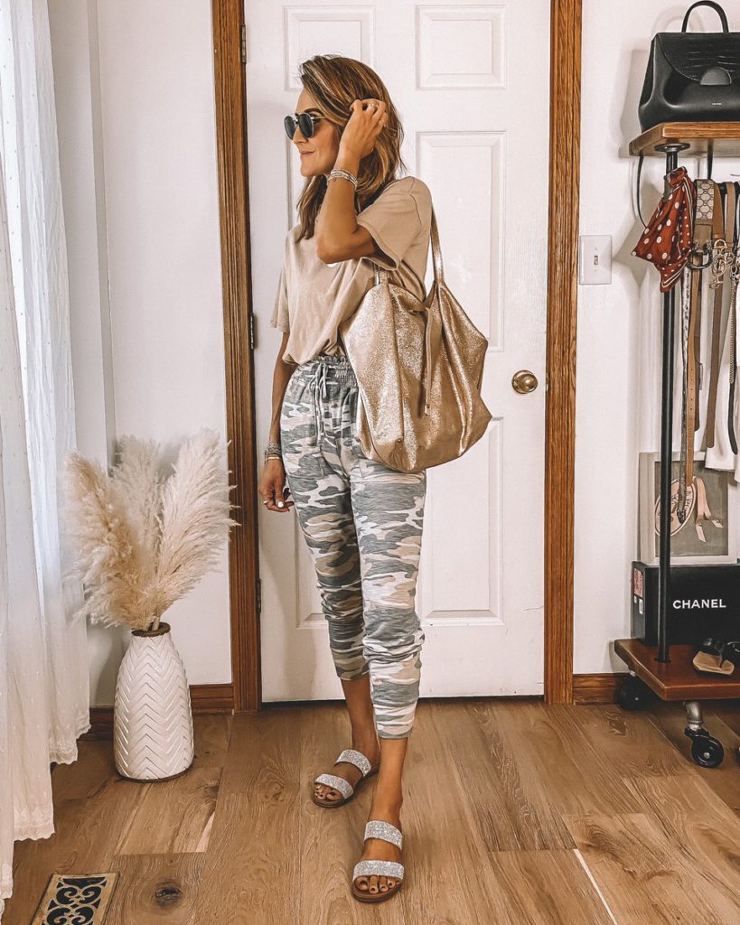 longewear camo high waisted joggers tan tee strappy sandals gold tote