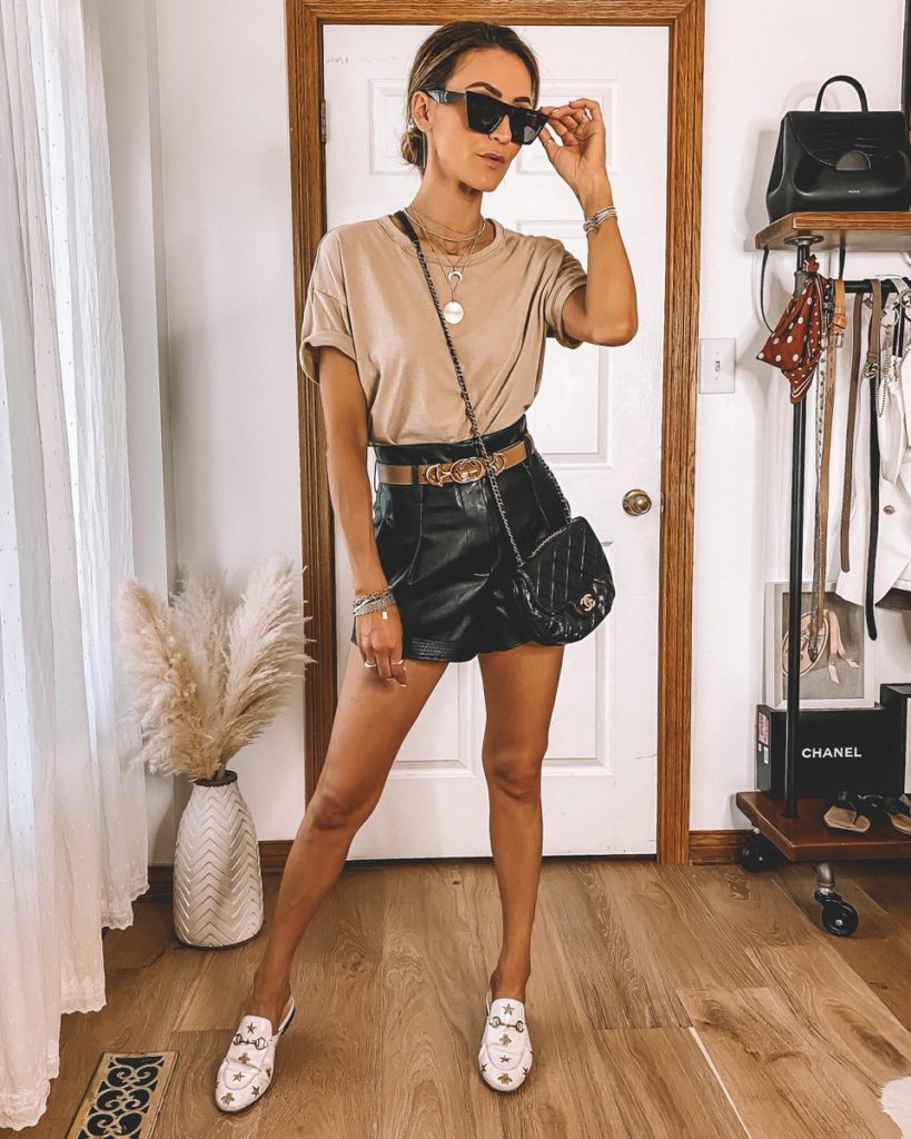 Oversized tan t-shirt high waisted leather shorts Gucci princetown loafers chic neutral outfit