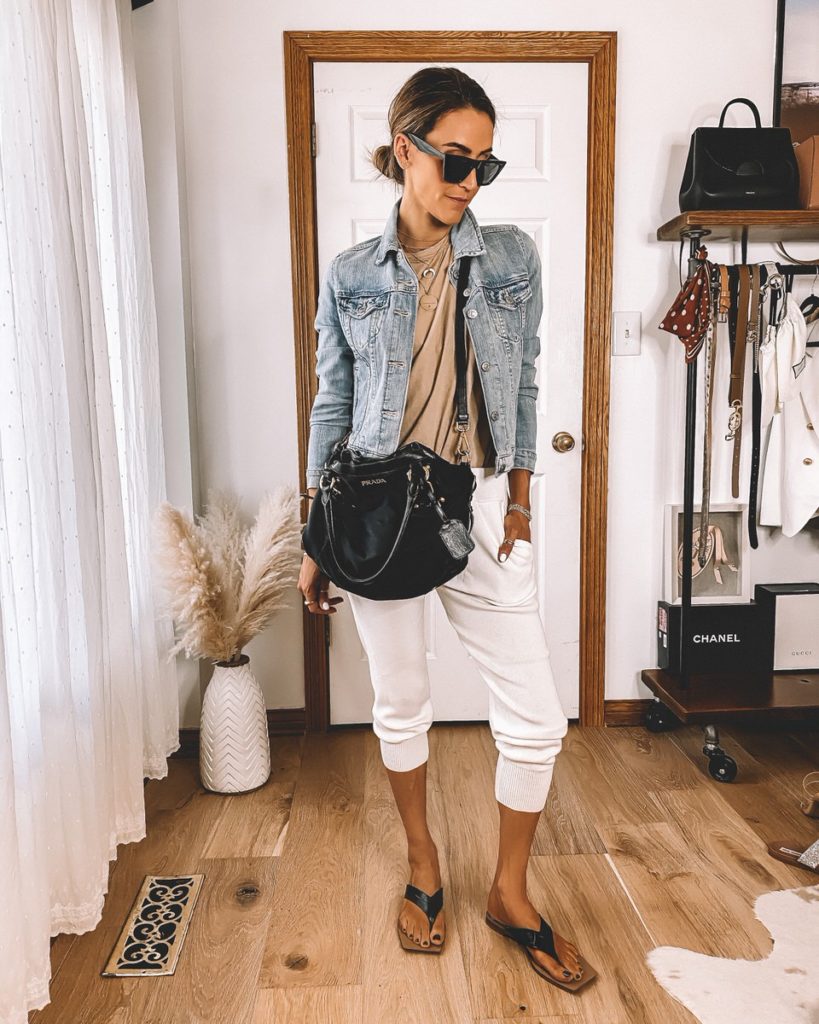Karina Style Diaries wearing oversized boyfriend tee jean jacket white joggers black sandals casual outfit