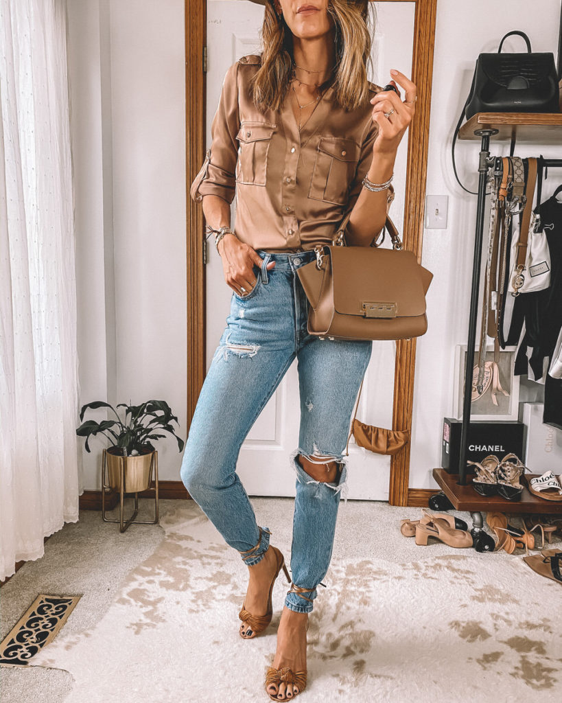 Karina Style Diaries wearing Levi's 501 skinny gold satin military shirt ankle strap sandals chic outfit