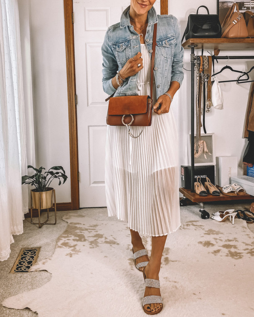 Pleated white dress outfit jeans jacket chloe faye cognac crossbody handbag strappy sparkly sandals