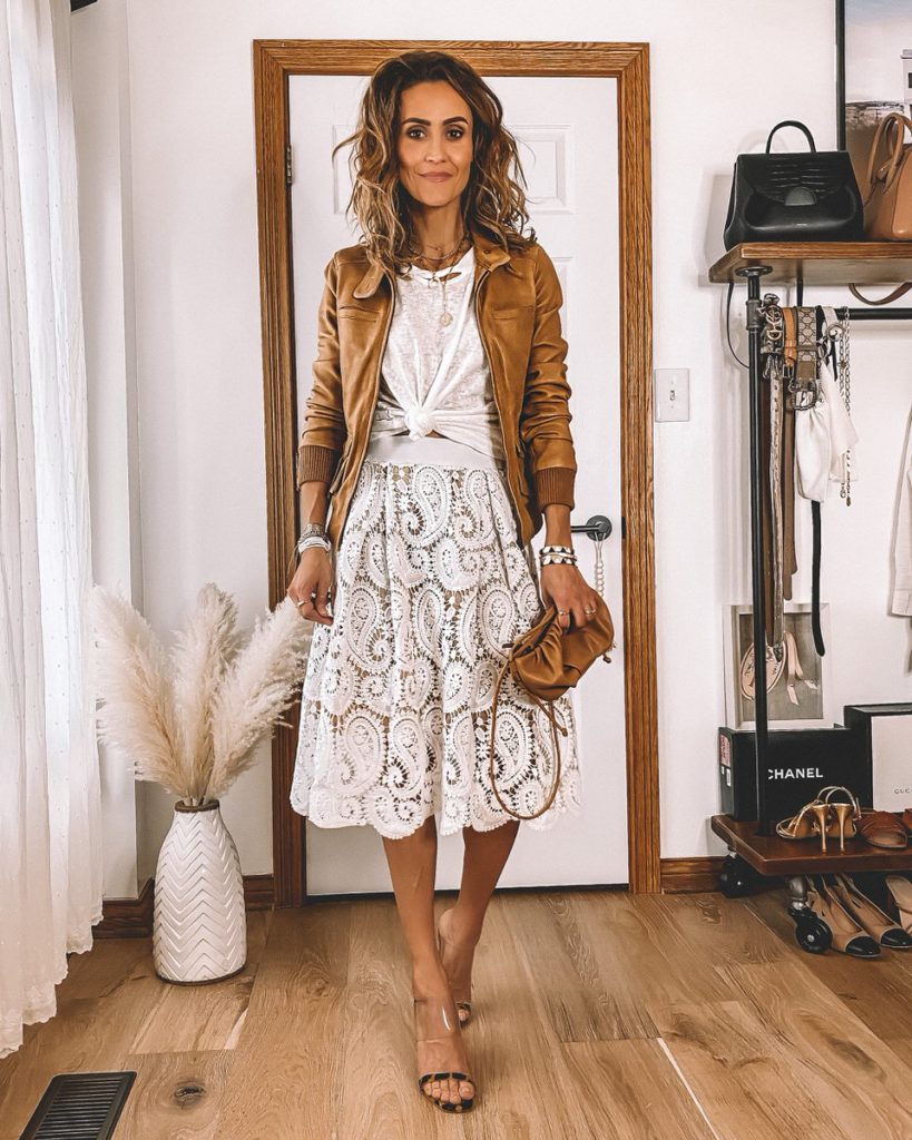 white lace skirt leather tan jacket distressed tee