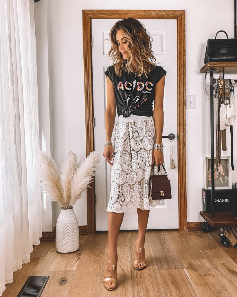 Karina Style Diaries wearing graphic tee white lace skirt summer outfit