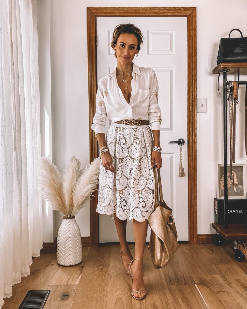 Karina Style Diaries wearing white lace skirt gauze white button up shirt with rose gold palmt tree gold strappy sandals summer chic outfit