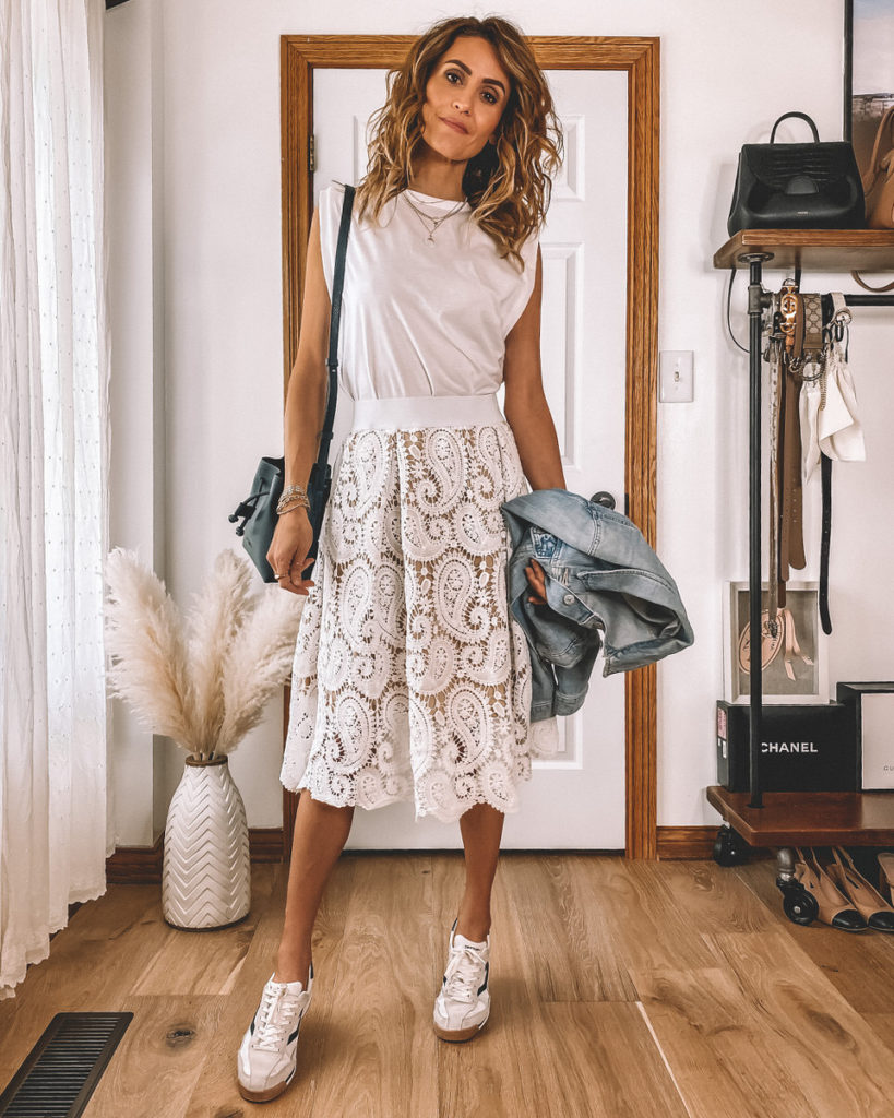 white lace skirt muscle tee jeans jacket white sneakers summer style