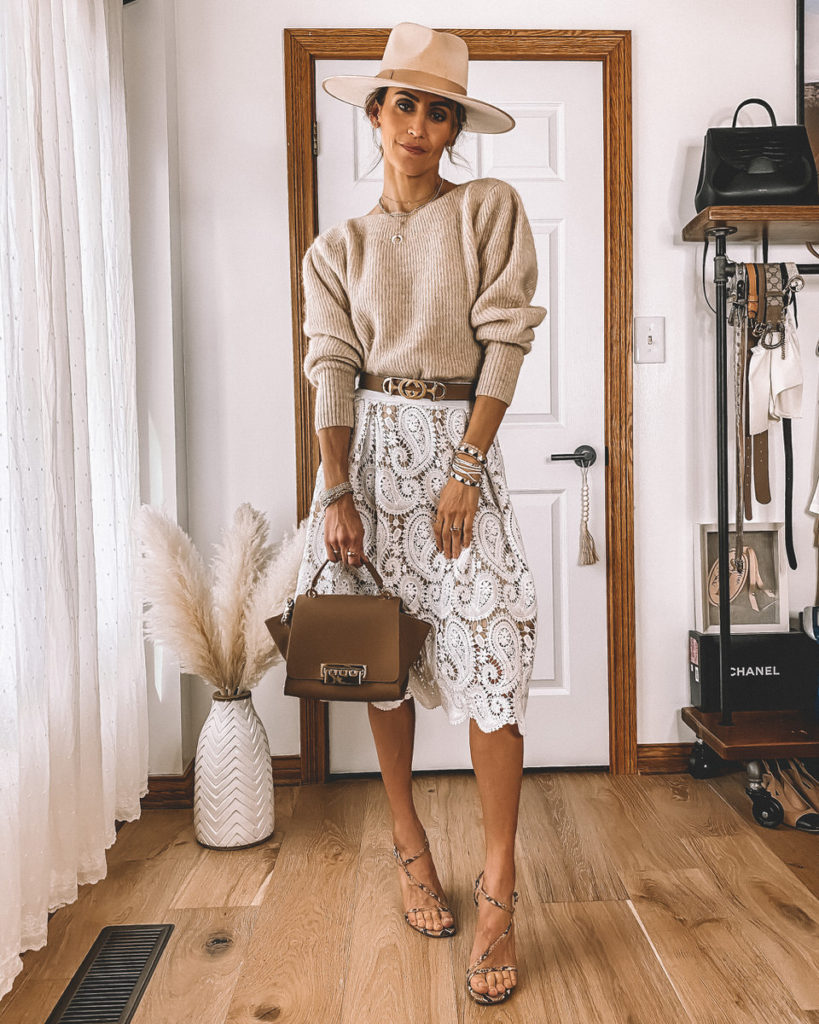 white ace skirt tan sweater Gucci tan belt summer chic outfit