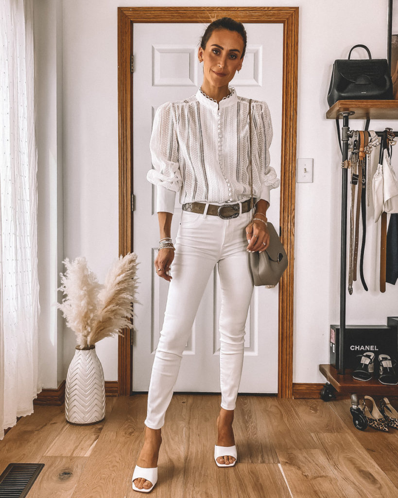 All white outfit chic spring style Gucci dionysus belt lace shirt