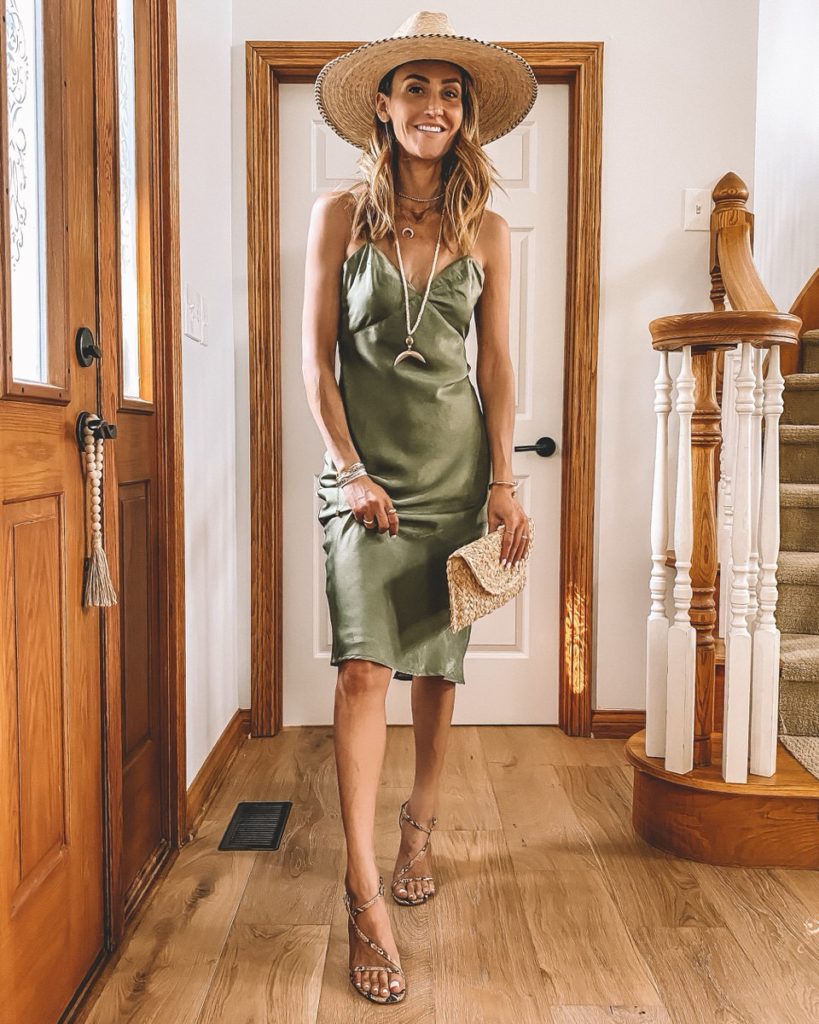 Olive Green satin slip dress midi length straw hat summer style