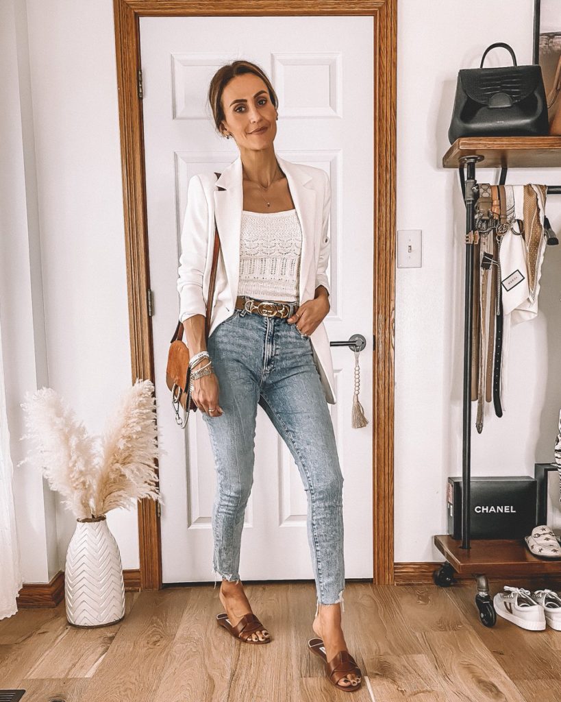 White blazer and jeans outfit