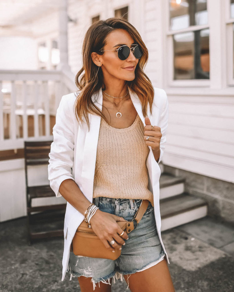 Tan knit tank white blazer outfit summer neutral style