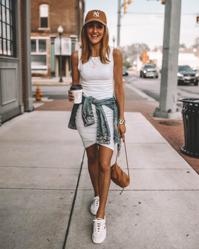 white ruched cotton dress outfit