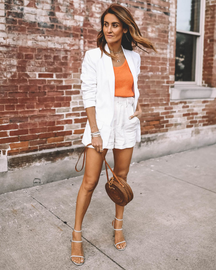 All white outfit paperbag shorts white linem blazer orange knit tank summer staples