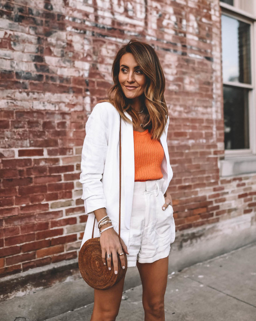 All white outfit paperbag shorts white linem blazer orange knit tank summer staples