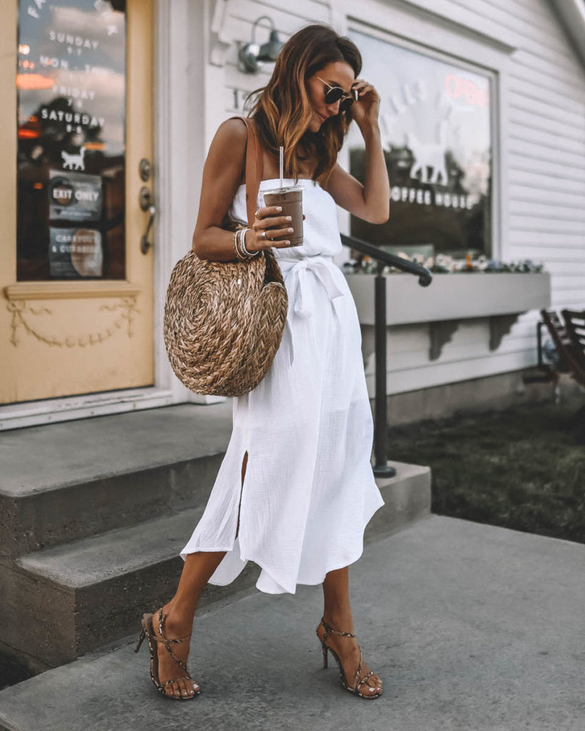 Karina Style Diaries wearinf summer staple white strapless dress outfit
