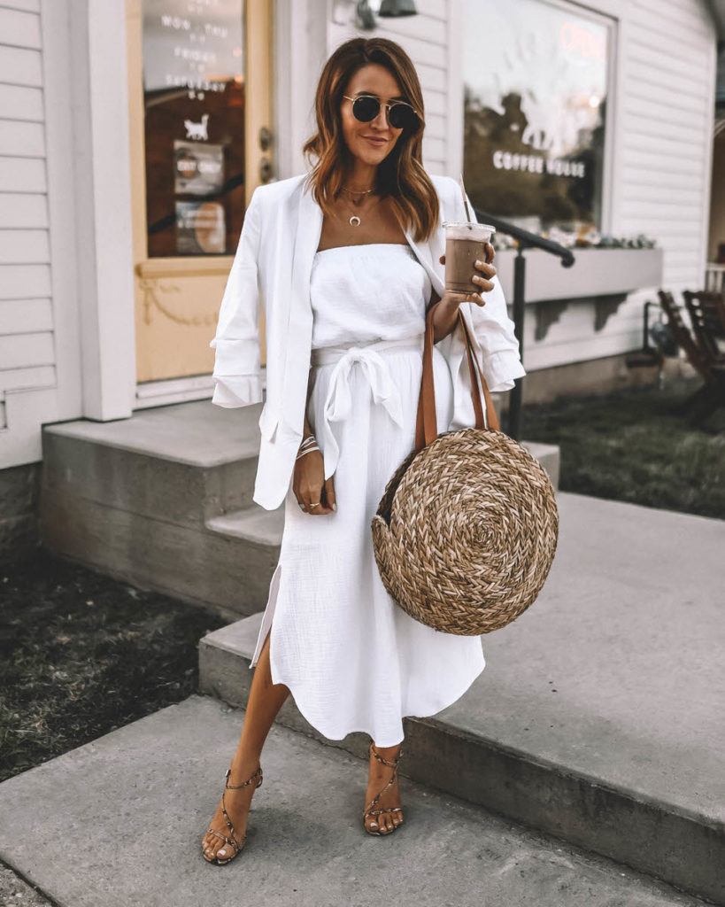 Karina Style Diaries wearinf summer staple white strapless dress all white outfit
