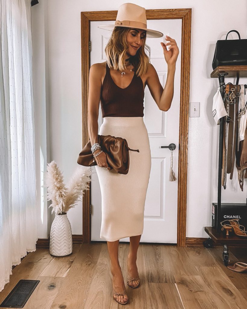 Knit midi skirt knit top chic neutral outfit