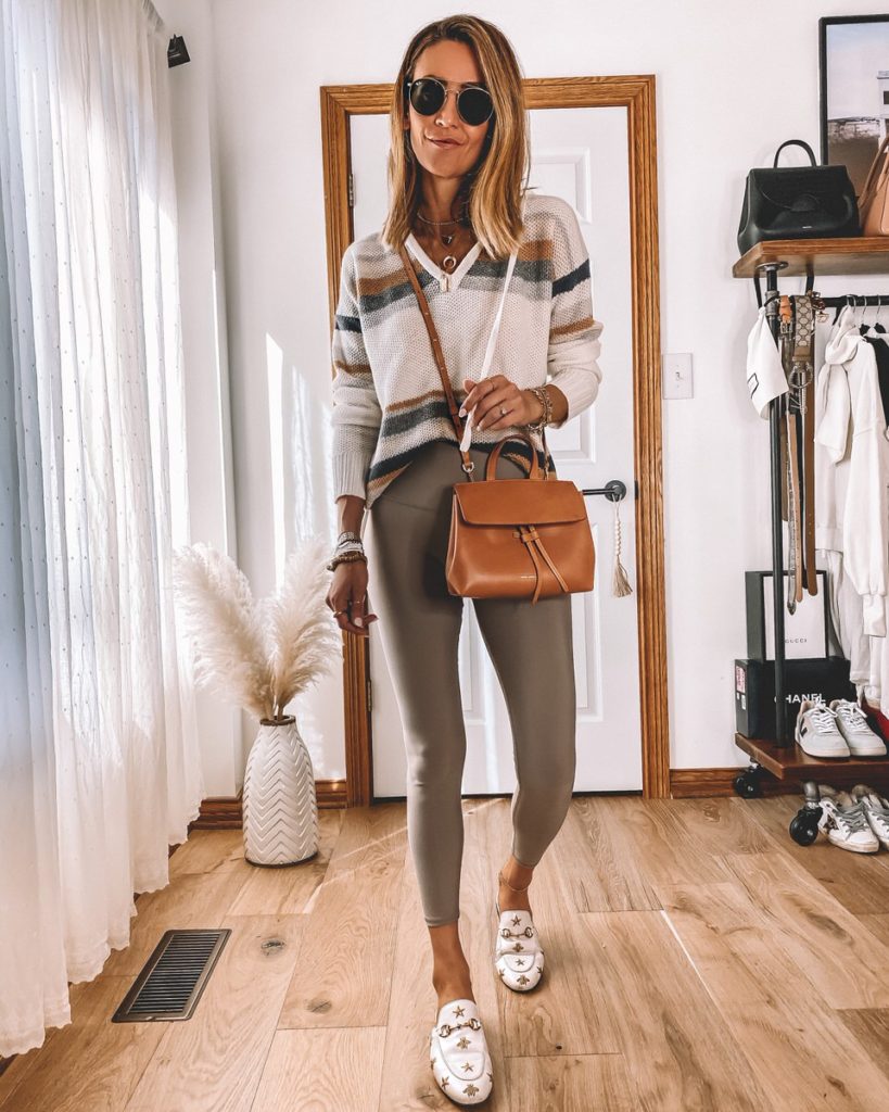 workout leggings styled with cashmere hoodie mini mini lady bag gucci loafers athleisure wear outfit