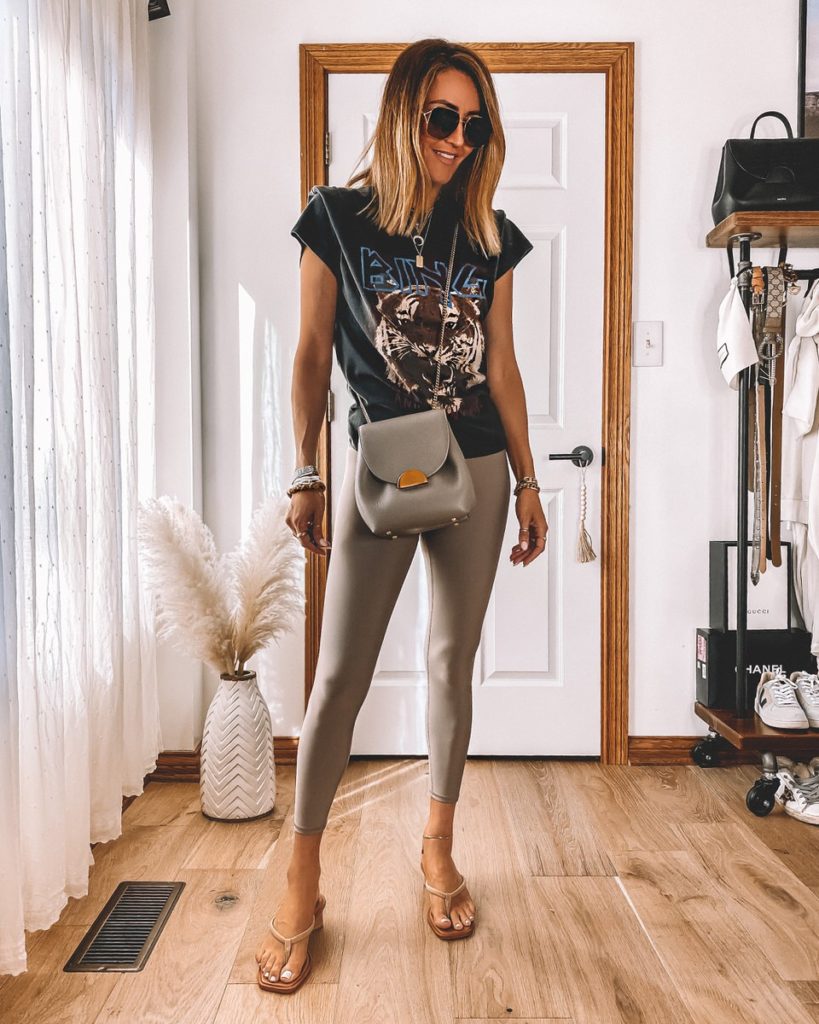 leggings styled with anine bing tiger tee polene bag alohas sandals casual style