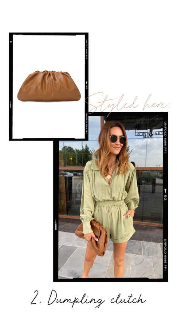 Botega Venetta dupe dumpling bag outfit green satin romper summer style
