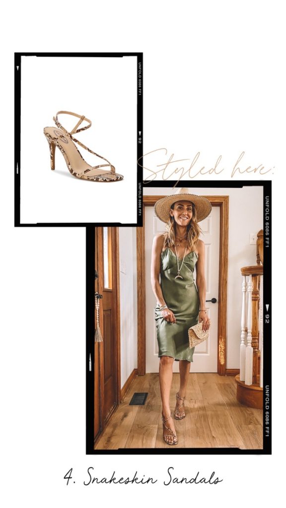snakeskin sandals green satin slip dress outfit summer style