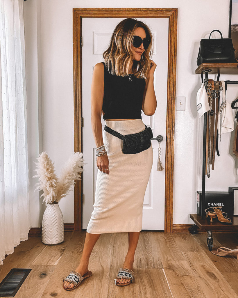Karina Style Diaries styling rib knit midi skirt black cropped top straw belt bag outfit summer chic style